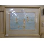 A framed and glazed watercolour of children in coastal scene signed bottom right