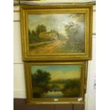 Two gilt framed oil on boards of countryside scenes,