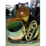 A tray containing stoneware pots and vessels