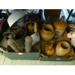 Two trays of assorted items to include salt glazed stoneware, kitchenalia, enamel jug,