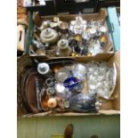 Two trays of assorted plated and other metalware's to include goblets, teapots, trays etc.