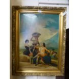 A gilt framed oleograph of family scene