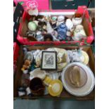 Two trays of assorted ceramic ornaments and tableware to include Wedgwood jasperware, Carlton ware,