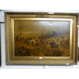 An ornate gilt framed oleograph of Scottish battle scene