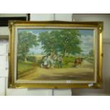 A framed oil on canvas of children riding horse scene signed Mitchell