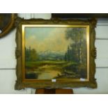 A gilt framed oil on canvas of mountain scene signed bottom left CONDITION REPORT: