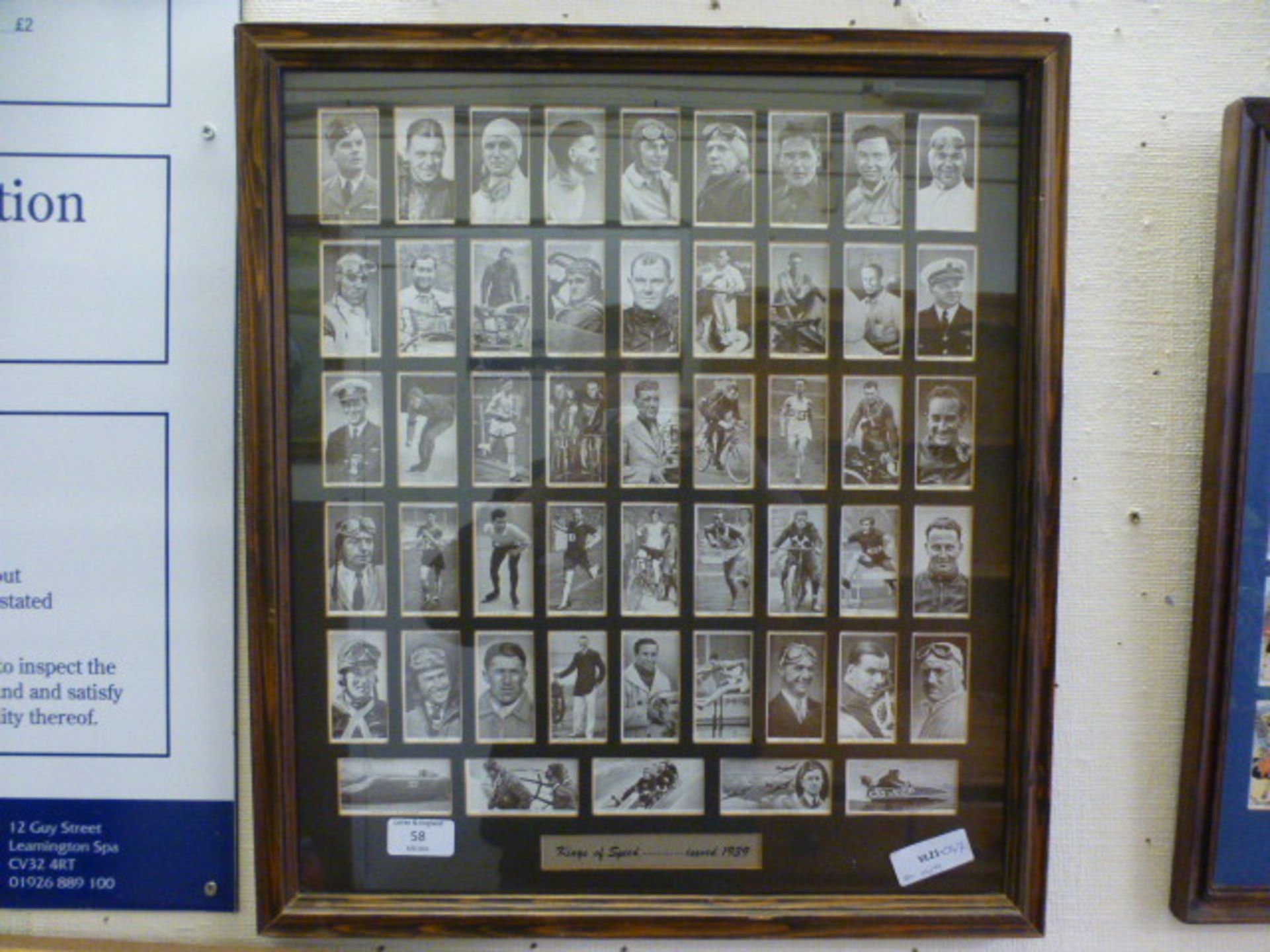 A framed and glazed cigarette card collection 'Kings Of Speed' issued 1939