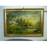 A gilt framed oil on canvas of coaching scene signed De Dior