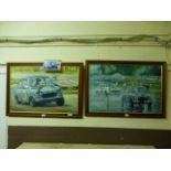Two framed paintings of racing mini's by Robin Owen 1991 'The Last Race At Goodwood'.