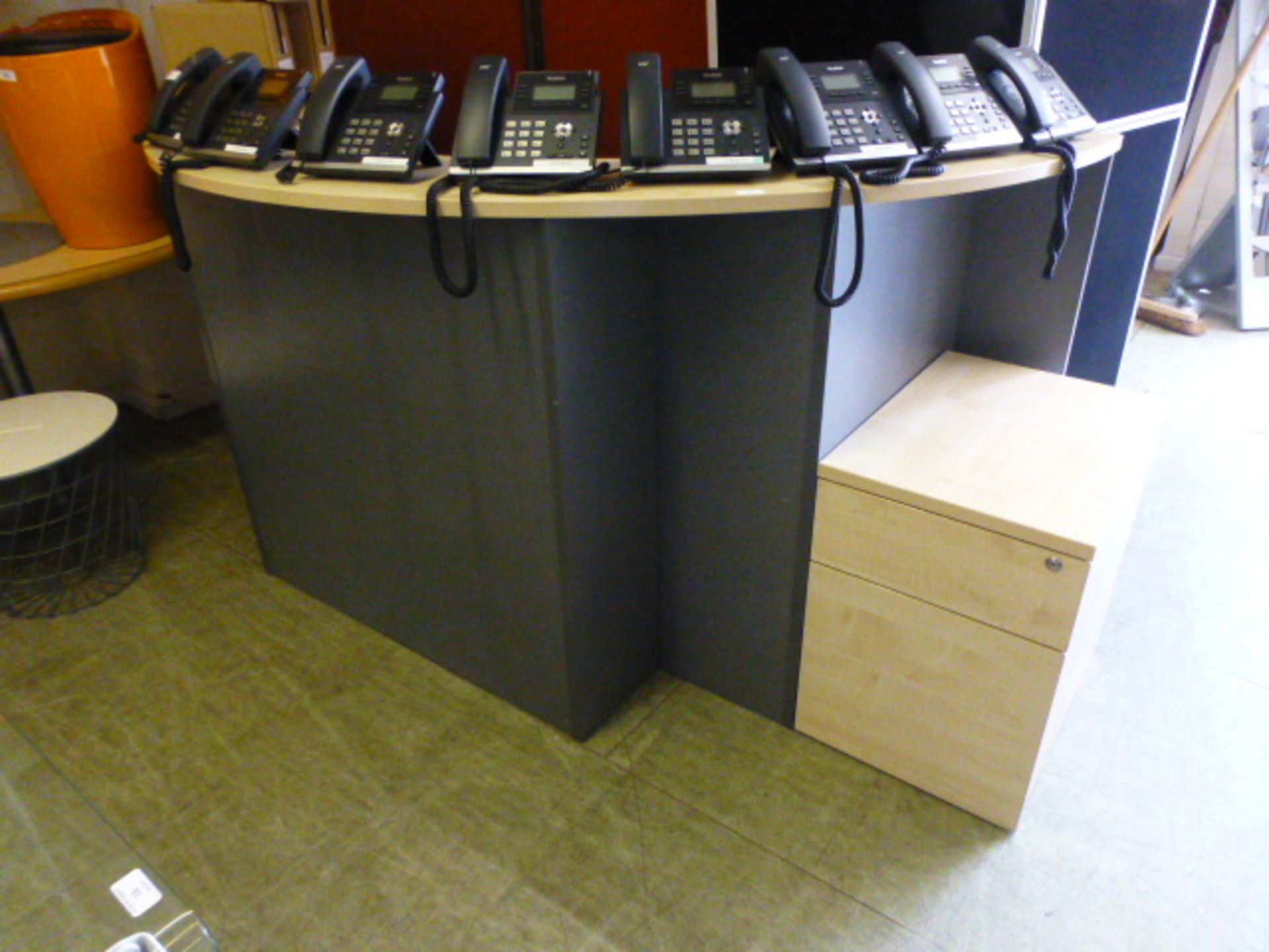 A laminate sycamore effect and grey reception desk along with a matching filing cabinet