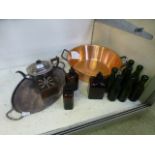 A large copper pan, a selection of glass bottles, plated ware etc.