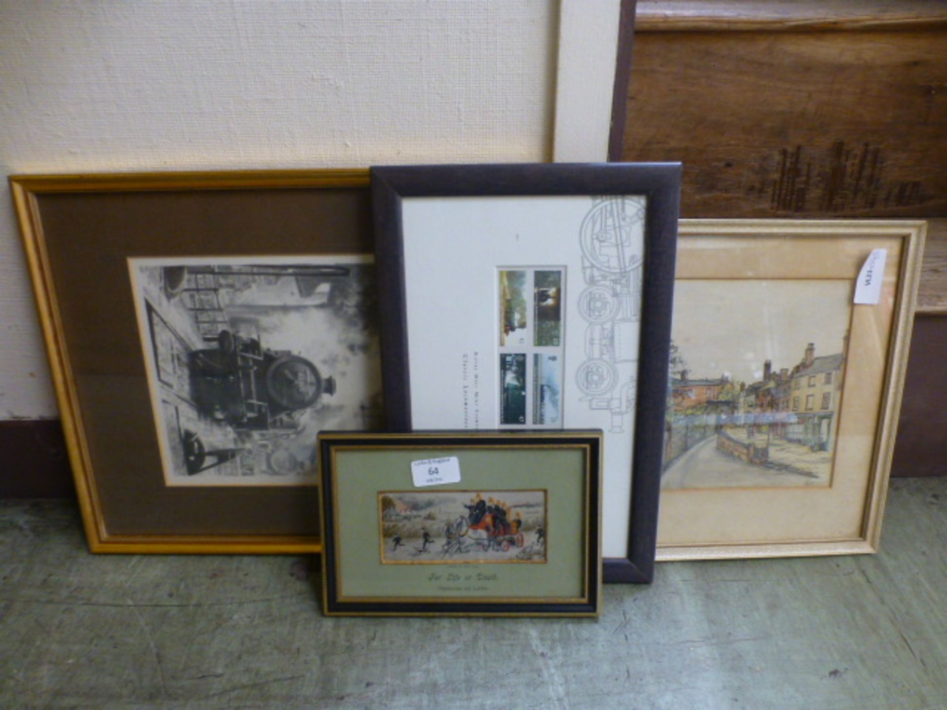 Four framed and glazed artwork's to include Cash's silk, watercolour, classic locomotive stamps etc.
