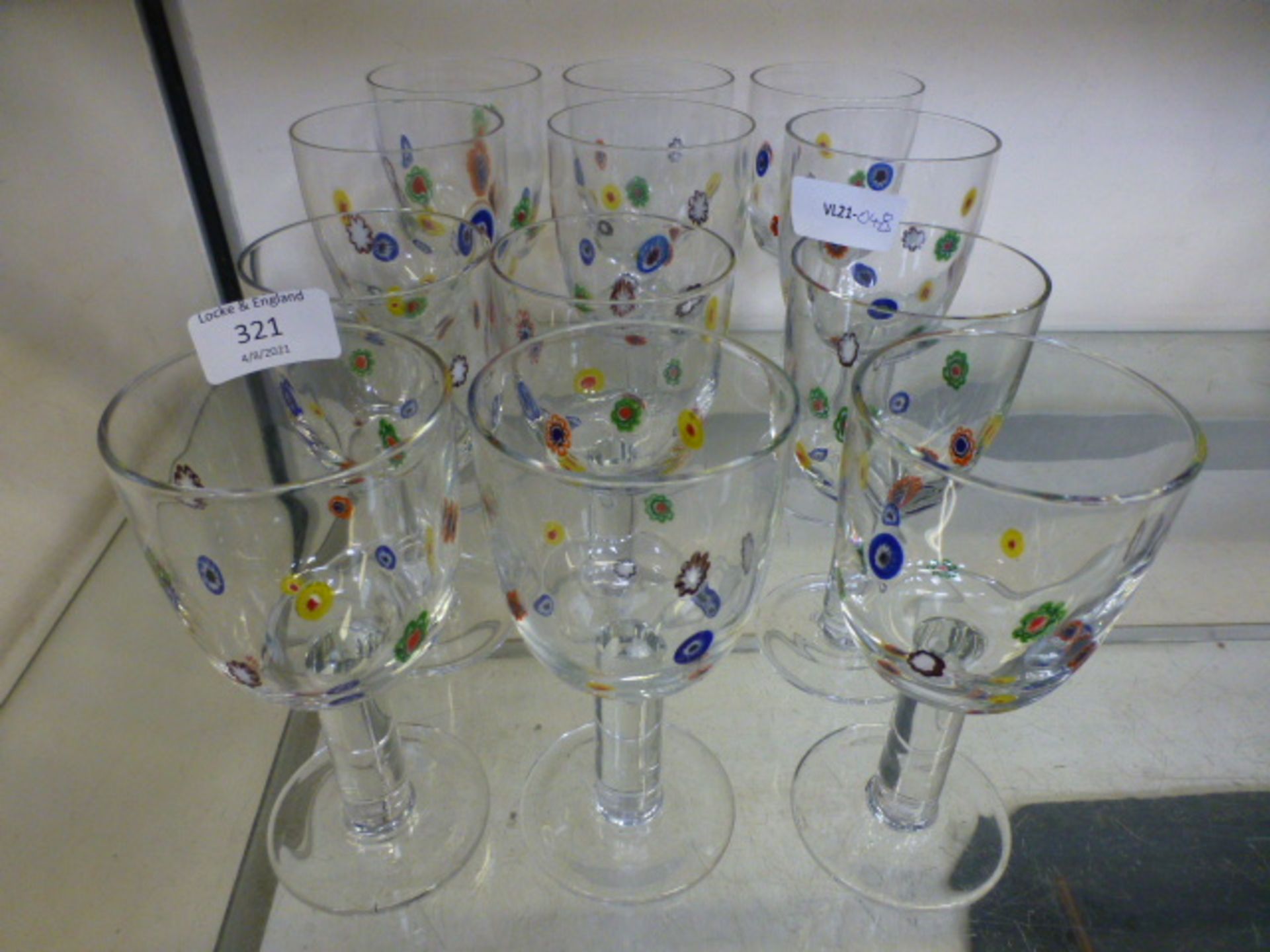 A set of twelve (6+6) wine glasses with coloured glass detail CONDITION REPORT: No