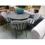 A grey marble effect circular conservatory table together with a set of four matching metalwork