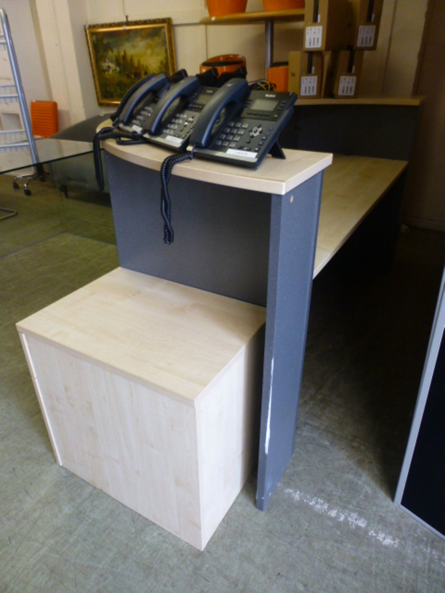 A laminate sycamore effect and grey reception desk along with a matching filing cabinet - Image 3 of 3