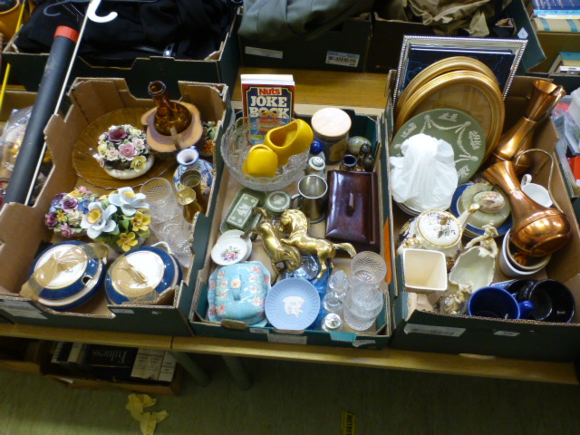 Three trays of ceramic metalware, glassware to include blue and white jasperware etc.