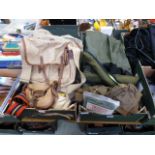 Two trays of fishing related items to include waders, canvas bags etc.