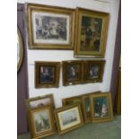 A selection of gilt framed prints of people, ships etc.
