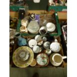 Two trays of assorted items to include a glass cheese dish, black and white jasper ware trinket,