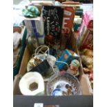 A tray of assorted items to include reproduction enamel style signs, collectors doll, glass bottle,