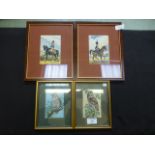 Two framed and glazed Cash's silks of guardsmen on horses together with two of owls