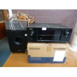 A selection of audio equipment to include a Denon AVR-X2000 receiver, Tannoy speakers etc.