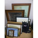 An assortment of various prints and pictures to include a water colour of a bird, ship etc.