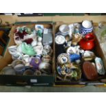 Two trays of mainly ceramic items to include cups, saucers, pouring jugs, vases etc.