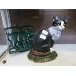 A cast metal door stop in the form of cat together with green painted menu stand