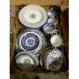 A tray of blue and white plates, cups, saucers etc.