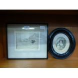 A Victorian black painted oval framed and glazed print of a young lady with dog together with a