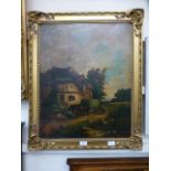 A gilt framed oil on board of village hay making scene with ducks and chickens