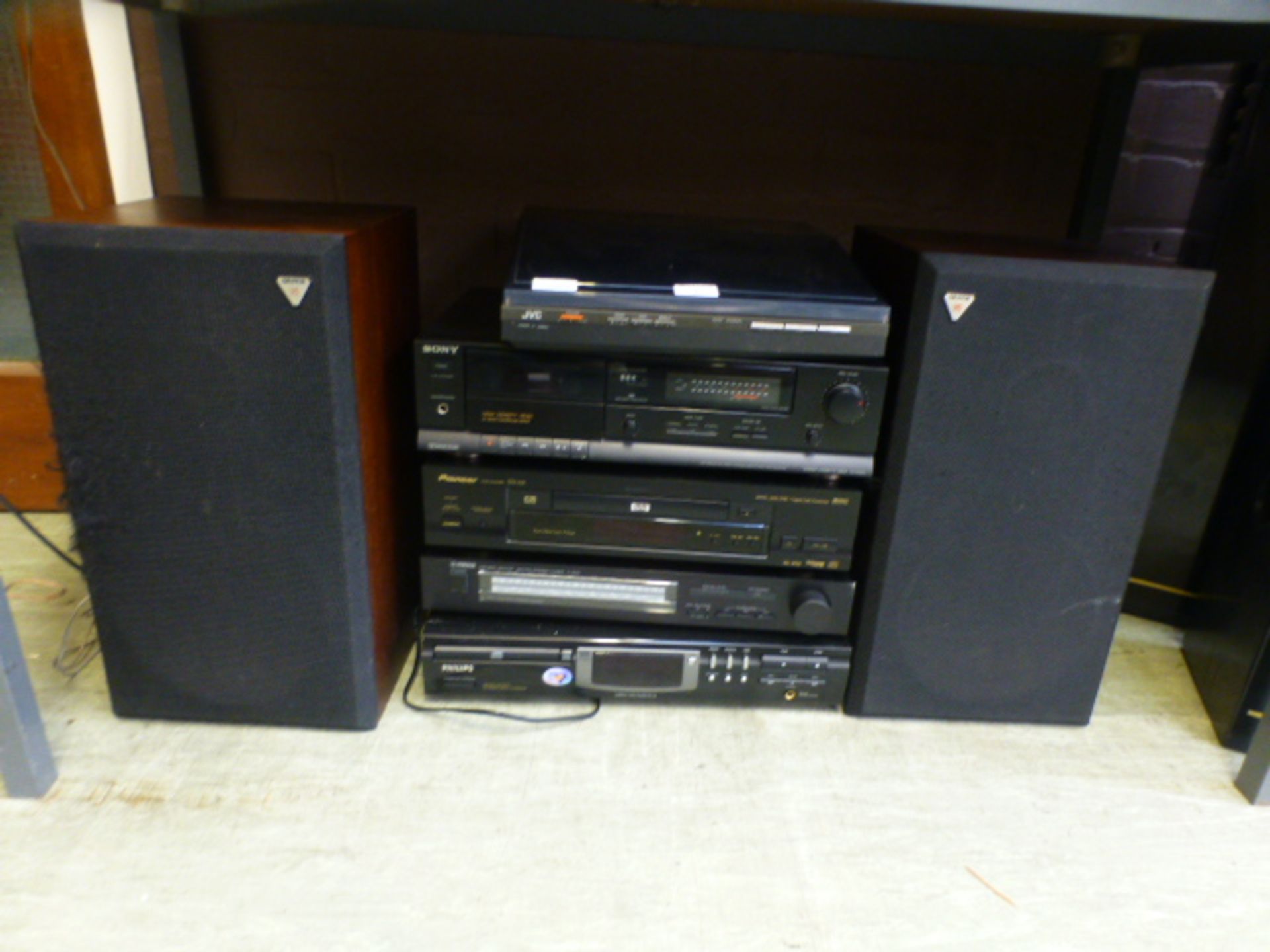 A selection of hi-fi equipment to include a JVC turntable, Sony tape player, Pioneer DVD player,