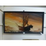 A mid-20th century framed oil on board of sailing boat