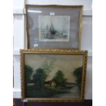 A gilt framed oil on board of ladies in cottage scene together with a framed and glazed print of