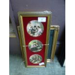 A pair of modern gilt framed pot lid style plaques together with a gilt picture frame