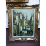 An ornate gilt framed oil on canvas of street scene signed Ronveaux