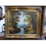 A modern gilt framed oil on canvas of river scene signed Charles