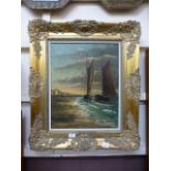 An ornate gilt framed oil on canvas of sailing boats signed Brenner