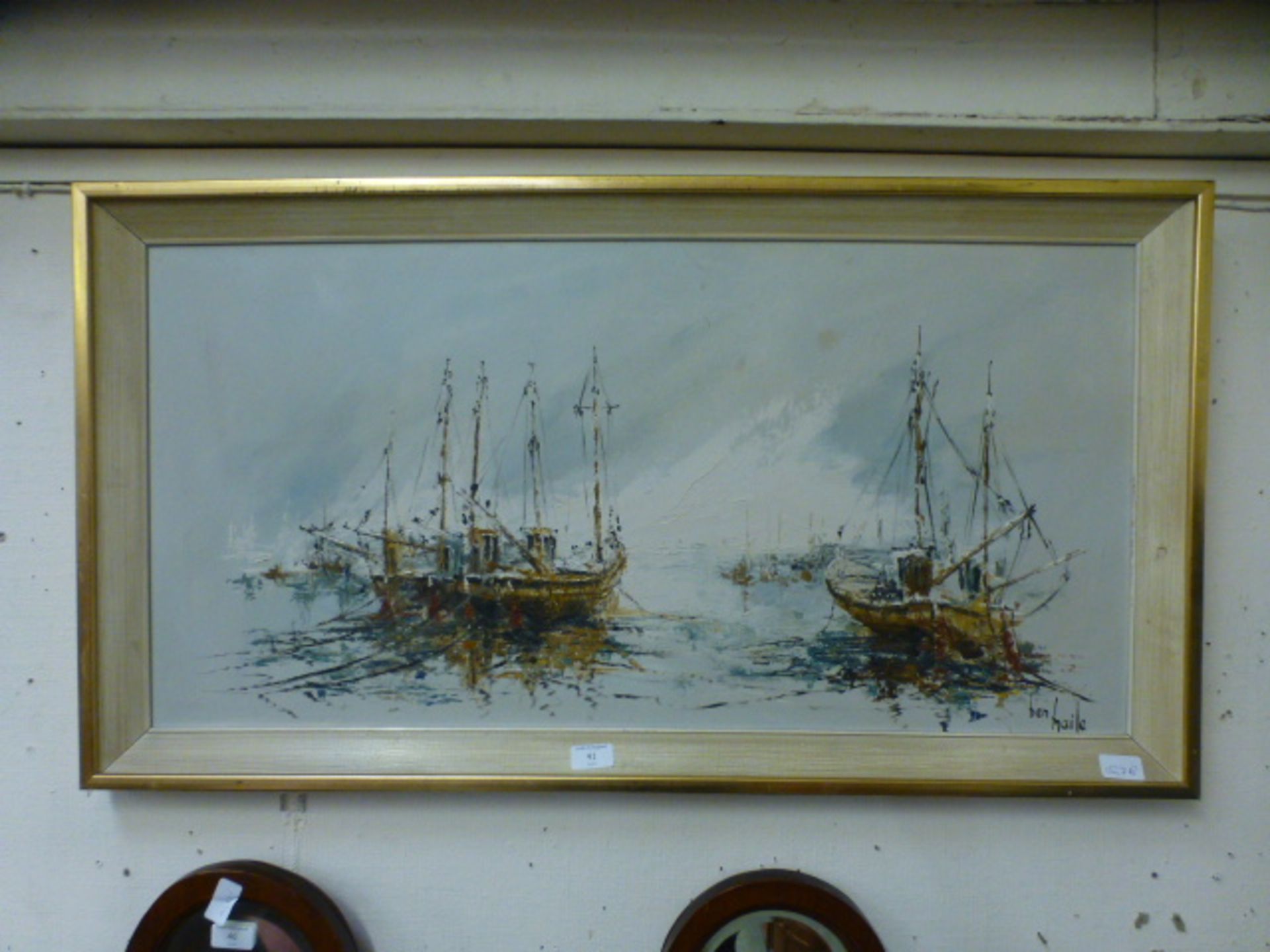 A mid-20th century framed oil on board of harbour scene signed bottom right Ben Maile