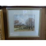 A framed and glazed water colour of farm scene signed Folland