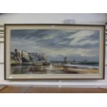 A mid-20th century rectangular framed oil on canvas of coastal scene with fishing boats signed D A