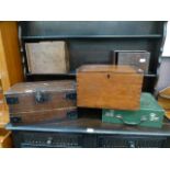 A selection of four wooden boxes together with a green canvas case