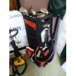 A golf bag with a selection of golf clubs