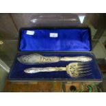 A silver plated fish serving set in case