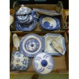 Two trays of blue and white ceramic ware to include plates,