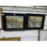 A pair of black painted and glazed watercolours of a church and lake scene signed bottom left