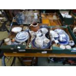 Three trays of ceramic ware to include jugs, bowls plates, figurines etc.