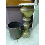 A brass columned planter together with a copper coal scuttle