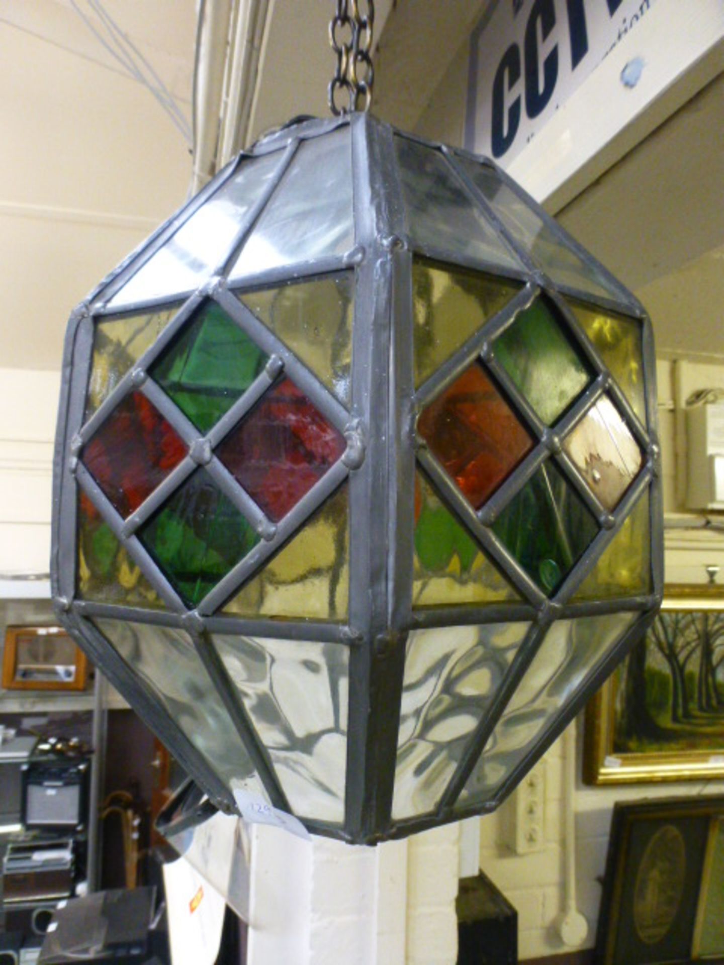 A leaded glass ceiling hanging lantern